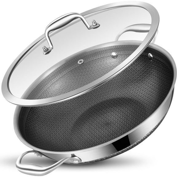 13 Inch New Hybrid Tri-Ply Stainless Steel Wok Pan with Lid,Ceramic Non Stick Stir-Fry Pans,Induction Cooking Pot,Dishwasher and Oven Safe