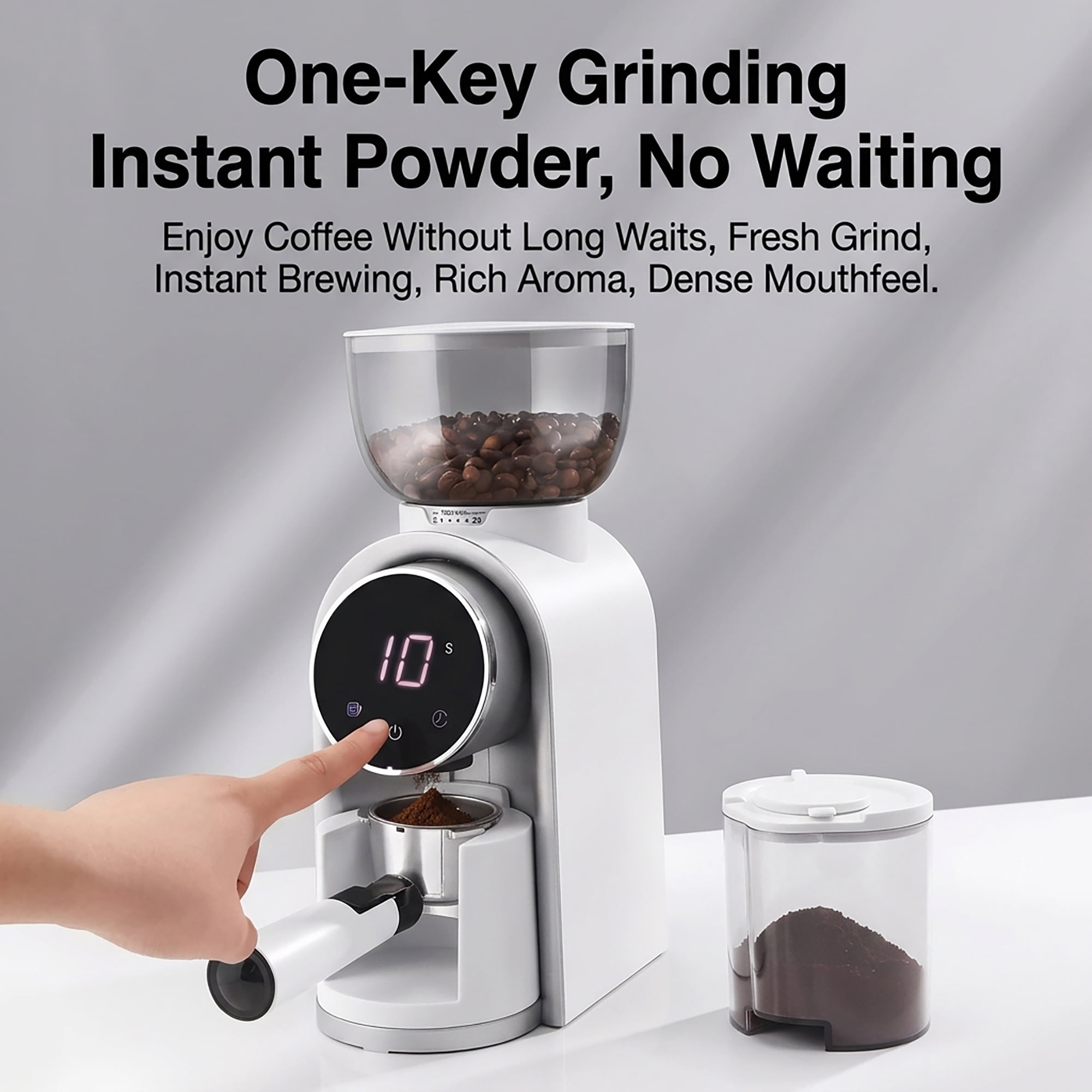 Electric Coffee Grinder LHKLUK, 25 Grind Settings, Timer & Cup Dual Modes, Touch Screen, Stainless Steel Conical Burr, Plastic Body, 250g Capacity, for Home & Commercial Use, White