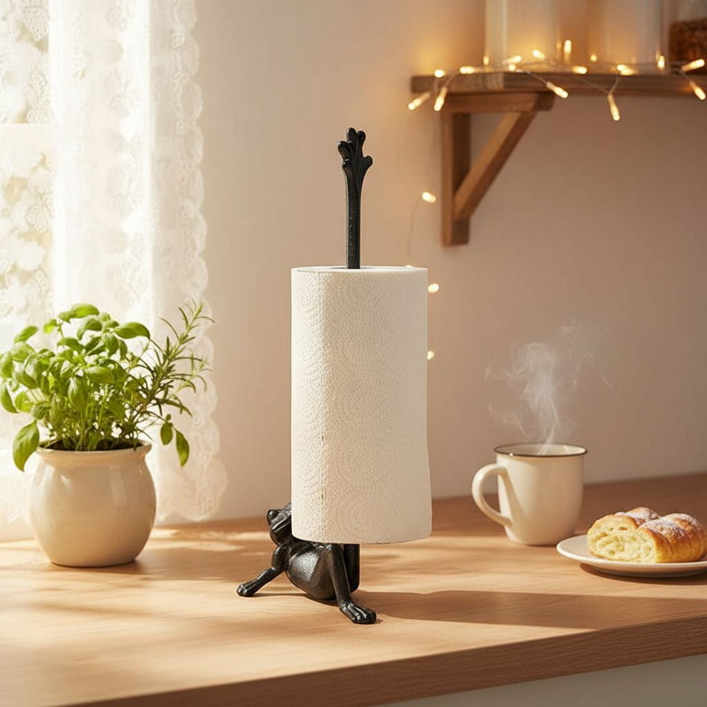 TAVENE Frog Paper Towel Holder 16.5'' Cast Iron Paper Towel Holder Funny Toilet Paper Holder for The Floor or Counter in The Kitchen or Bathroom Bronze Rustic,Frog