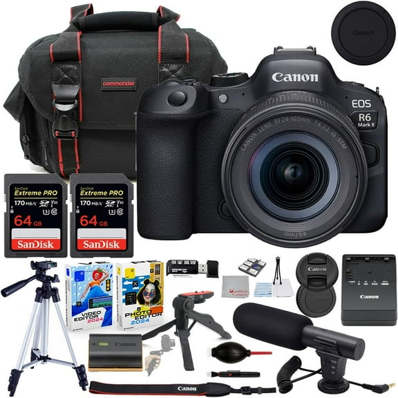 Canon EOS R6 Mark II Mirrorless Camera with RF 24-105mm STM Lens Bundle with Commander Gear Bag   Microphone   2X 64GB Extreme Memory Cards   Accessory Kit