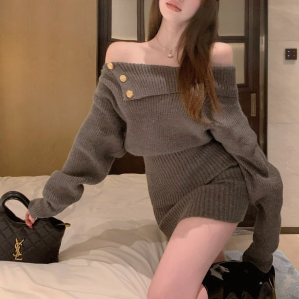 Suéter femenino de punto de un solo hombro con corte ajustado y hombros descubiertos para chica sexy de otoño e invierno de Corea
