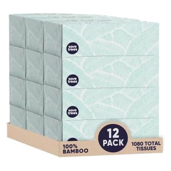 Bamboo Facial Tissues - 12 Boxes of Eco-Friendly, 3-Ply Hypoallergenic Tissues, 90 Sheets per Box, FSC Certified, Plastic-Free Packaging, Soft & Gentle for Home Use