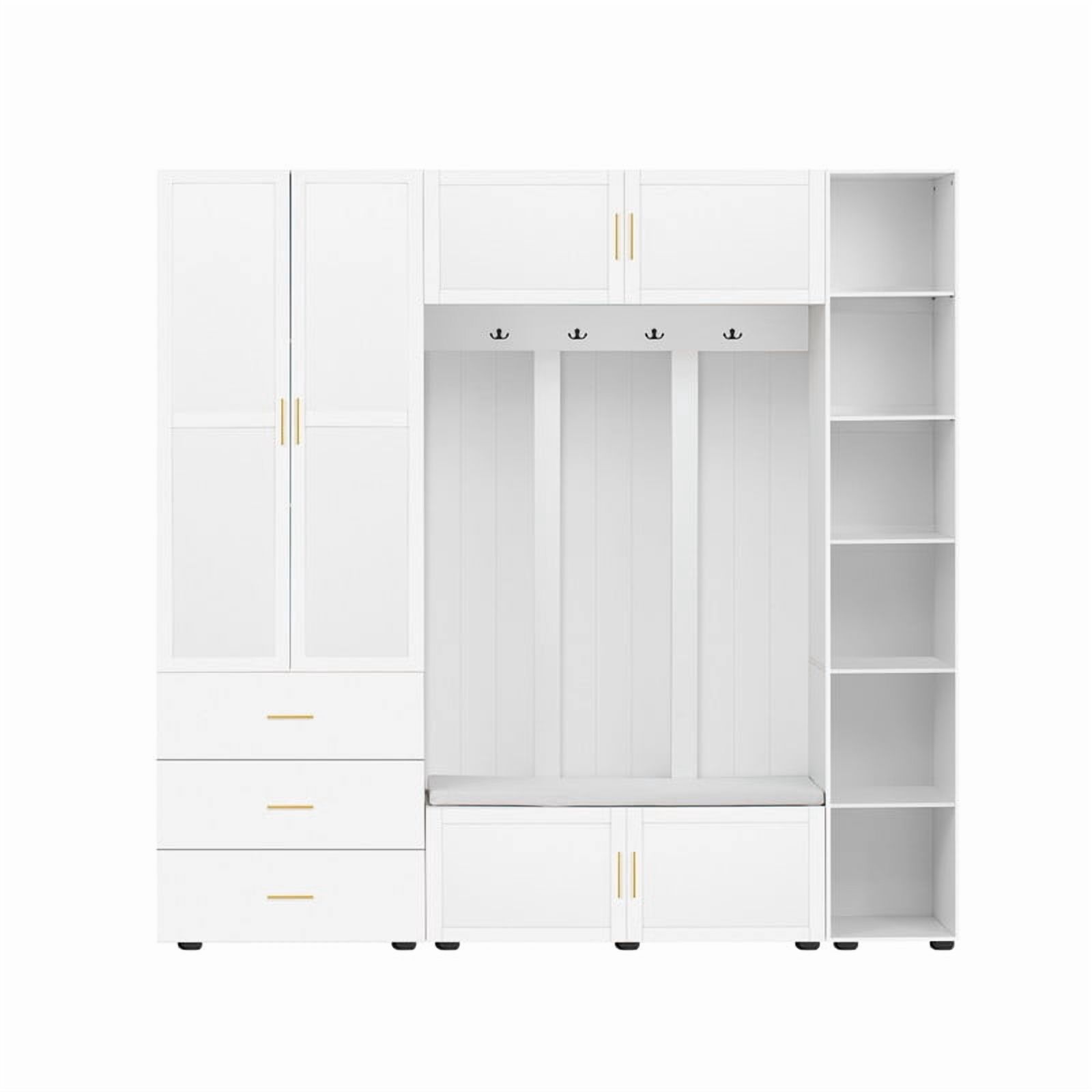 4-in-1 Large Hall Tree with Padded Shoe Bench, Storage Wardrobe Organizer Unit with Cabinets, Hooks, Drawers and Adjustable Shelves