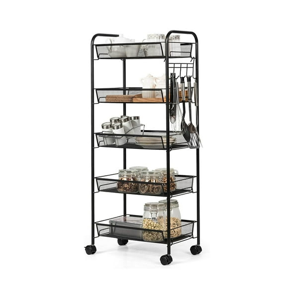 5-Tier Utility Cart Rolling Storage Trolley, Versatile Organizer Cart with Lockable Wheels Hooks Shelves for Office, School, Home, Apartment, Dorm and Beauty Salons, Black