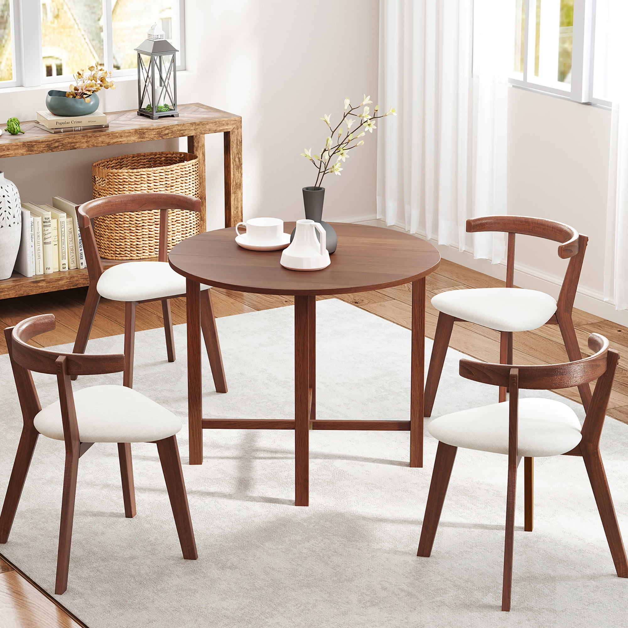Gymax 36'' Foldable Kitchen Table Round Dining Table w/Solid Rubber Wood Legs