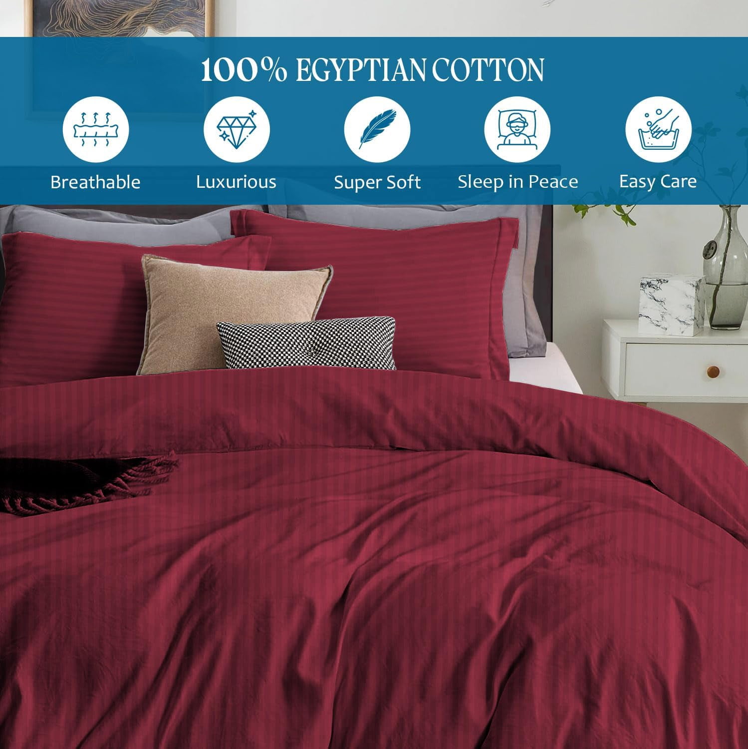 500 TC 100% Egyptian Cotton Premium Duvet set Zipper Closur Ultra Soft Durable and Fade Resistant Color Burgundy Stripe size Queen