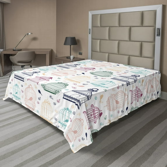 Retro Flat Sheet, Vintage Bird Cages Pattern in Various Pastel Tones Canary with Swirly Tales Drawing, Soft Comfortable Top Sheet Decorative Bedding 1 Piece, 6 Sizes, Multicolor, by Ambesonne