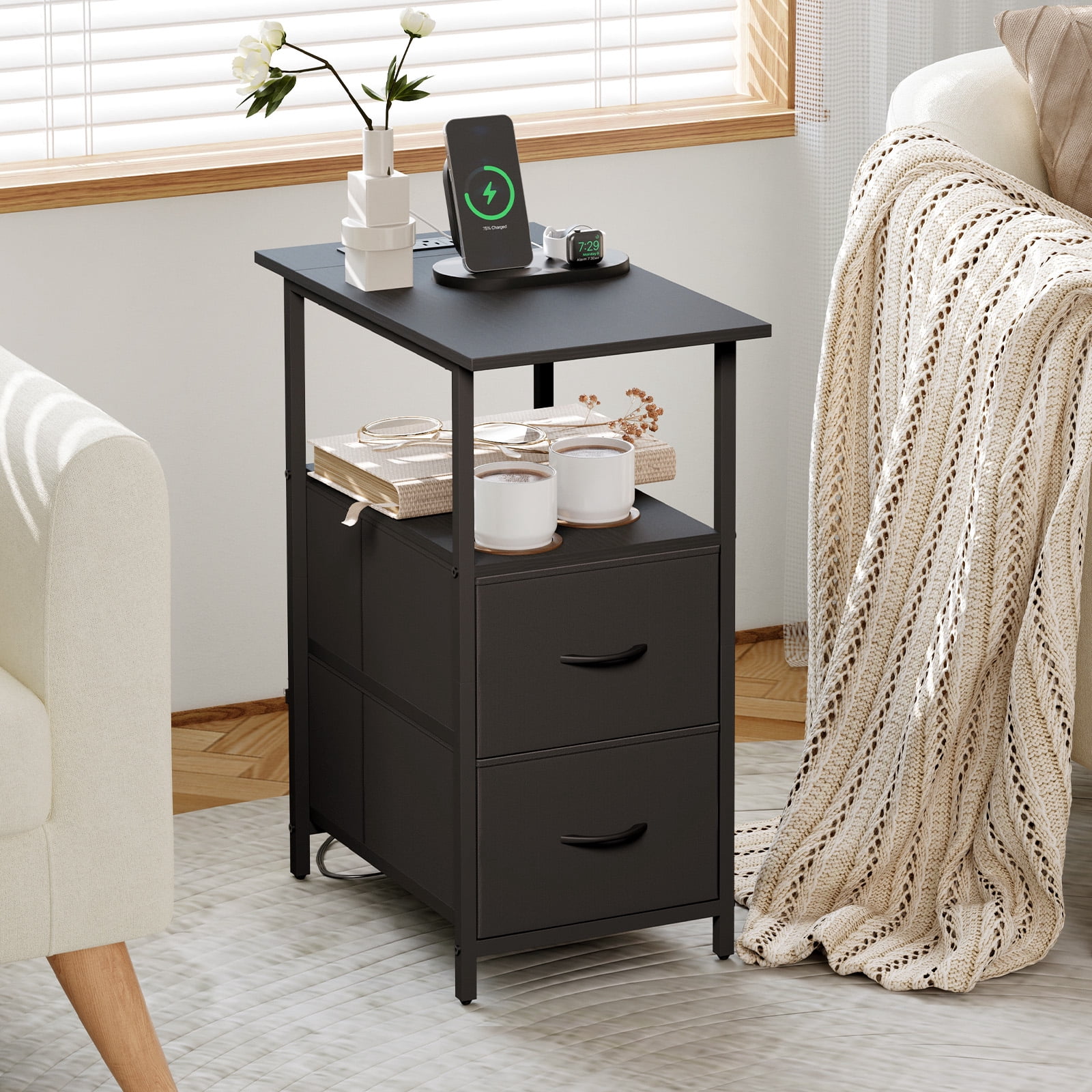 Eunos Black Long End Table with Charging Station, Nightstand with Open Shelf, 2 Fabric Drawer