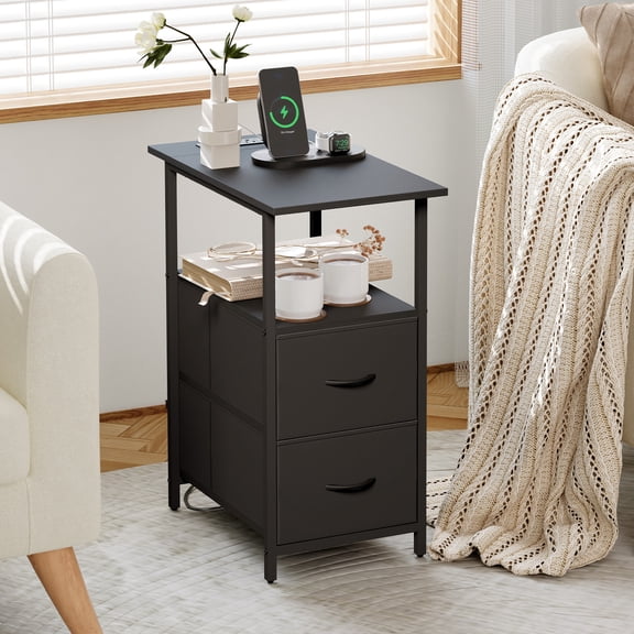 Eunos Black Long End Table with Charging Station, Nightstand with Open Shelf, 2 Fabric Drawer