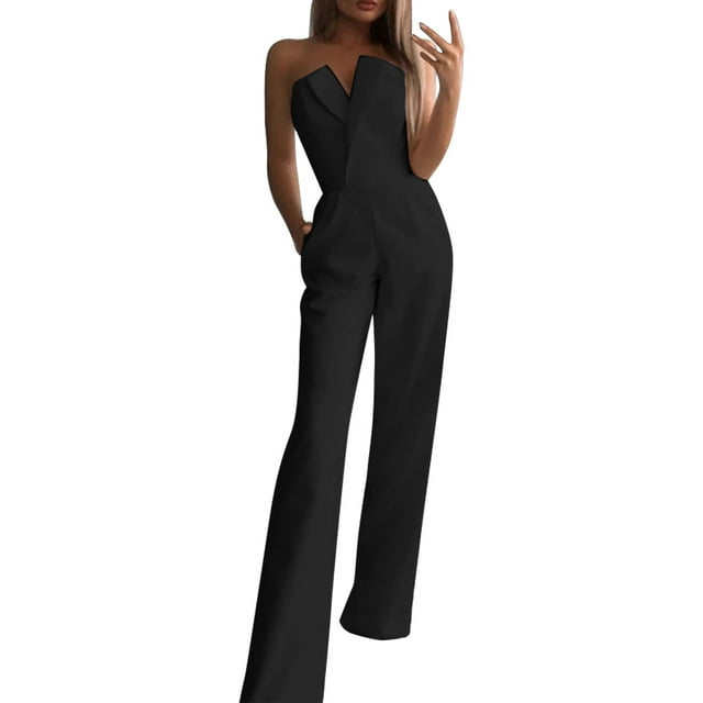 2025 Women Solid Tube Top Tropical Jumpsuit Sleeveless Rompers Cold Shoulder Womens Rompers Casual Pocket