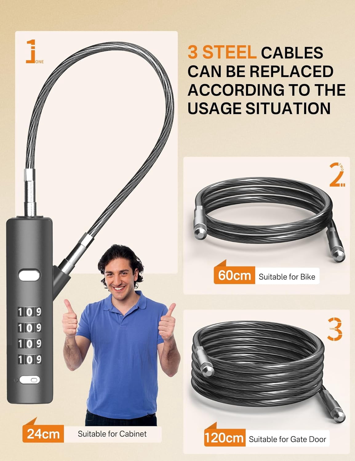 4-Digit Combination Cable Lock with 3 Steel Cables (9"/24"/47") - Secure Only with Current Code - for Bike, Luggage, Gate, Shed, Cabinet - Gun Grey, 1 Pack