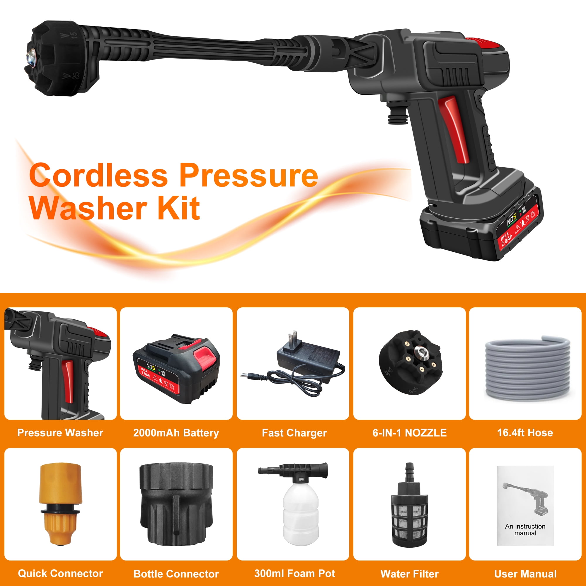Cordless Pressure Washer, 970PSI portable pressure washer, High Power Handheld Washer with 6-in-1 Adjustable Nozzle, 24V 2000 mAh Battery for Car, Floor, Garden
