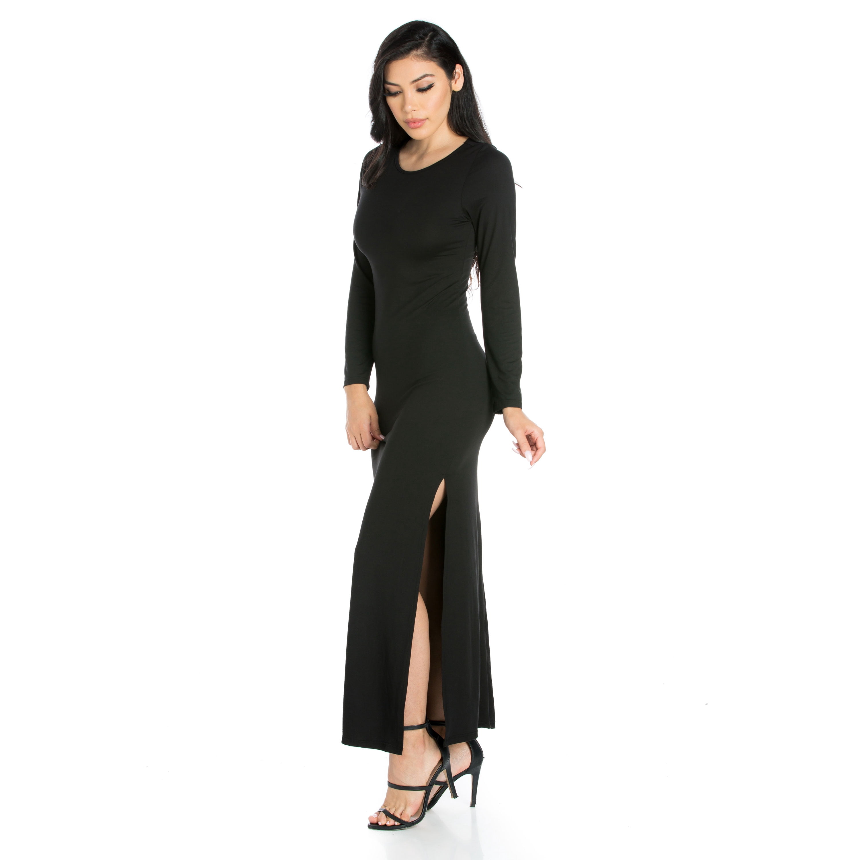 24seven Comfort Apparel Strut It Black Long Sleeve Side Slit Maxi Dress