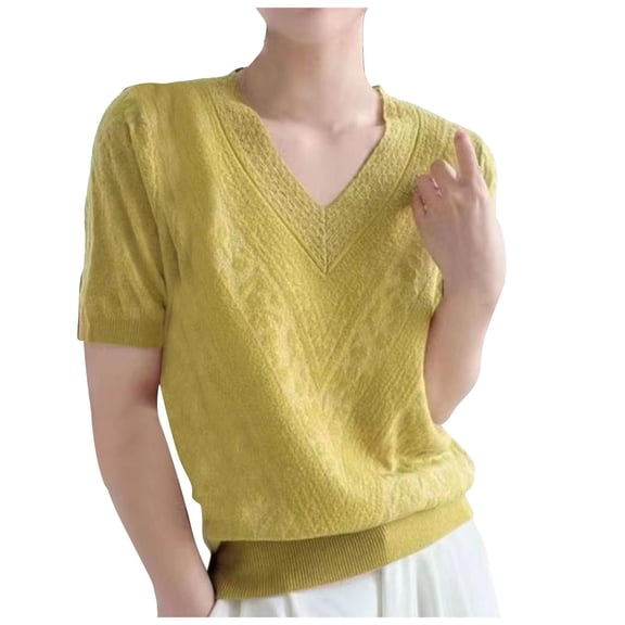 UJNDER Summer Knitted Short Sleeved V Neck Sweaters Fashionable and Thermal Tops for Women for Casual Wear Yellow M
