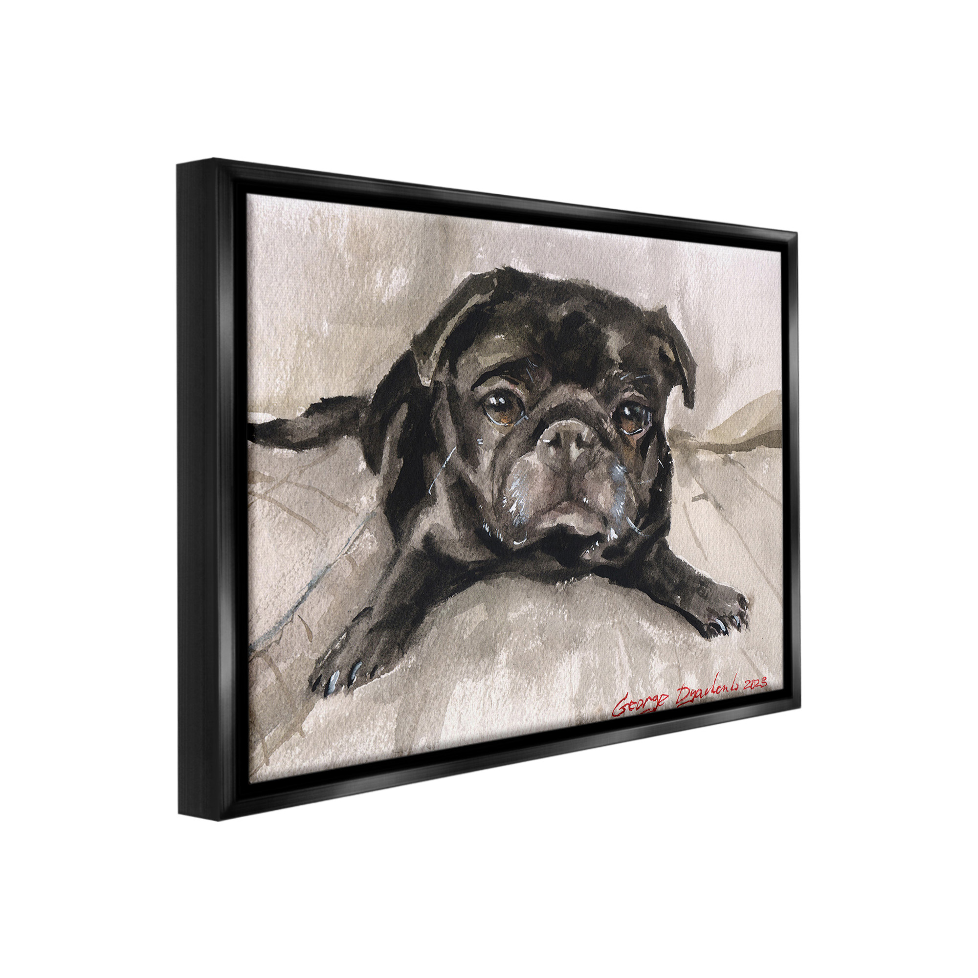 Stupell Industries Cozy Pug Relaxing Animals & Insects Painting Black Floater Framed Canvas Art Print Wall Art, 21 x 17