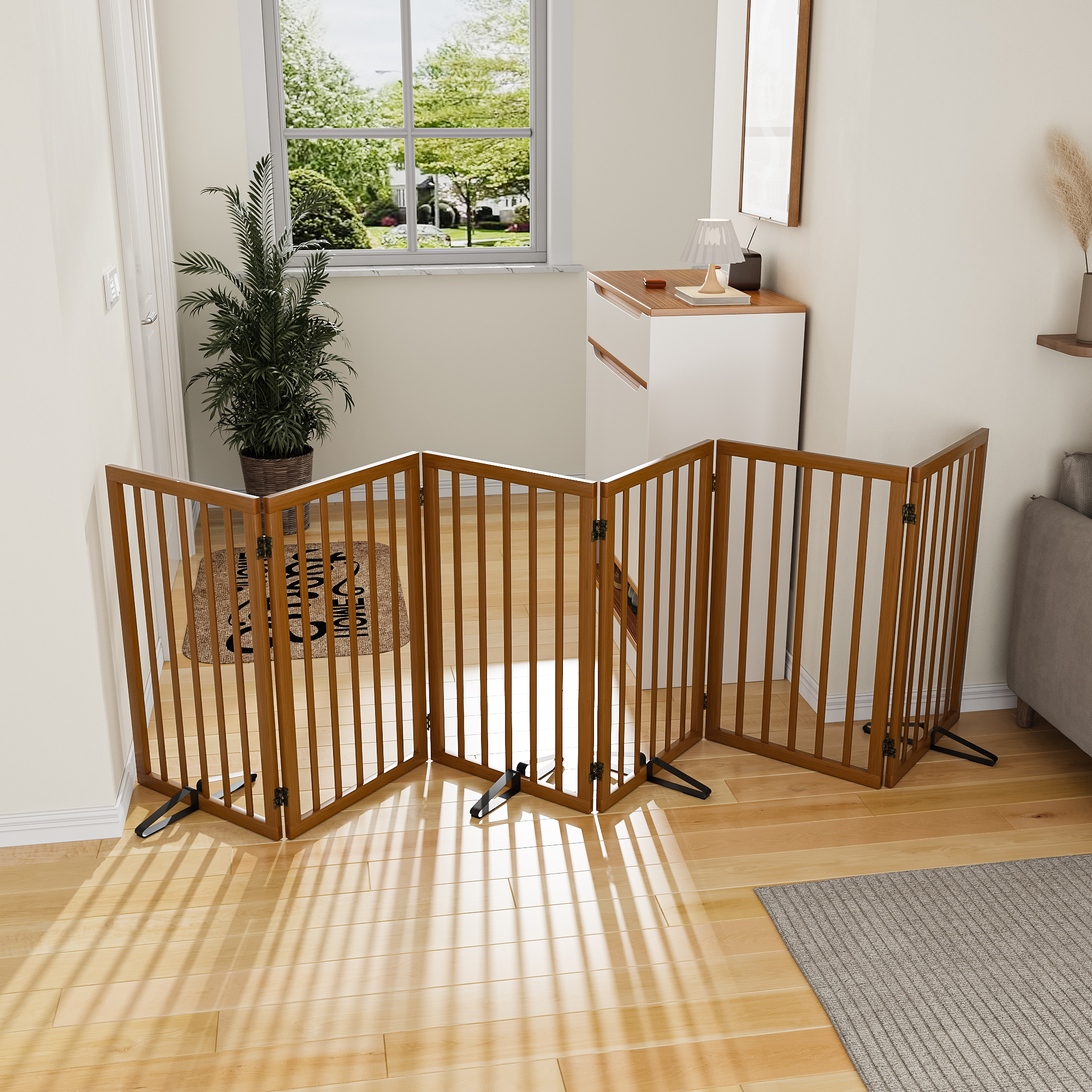 Smart FENDEE 6 Panel Foldable Bamboo Freestanding Pet Gate with Dog Gate and 4 Support Feet, Expands to 110 in Wide