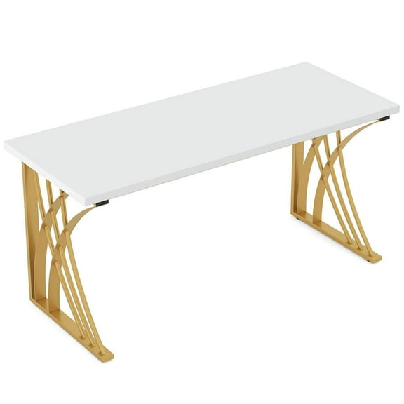 Demi Bonn 55" Executive Computer Desk with Gold Metal Legs, Modern Study Writing Gaming Table for Home Office, White