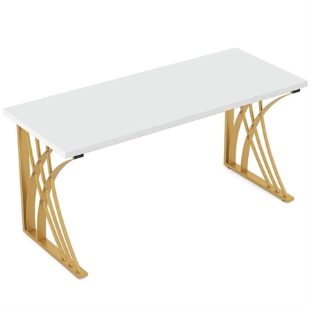 Demi Bonn 55" Executive Computer Desk with Gold Metal Legs, Modern Study Writing Gaming Table for Home Office, White