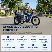 Zycle Z700 Electric Tricycle with Passenger Seat, 750W 20AH 48V 65Miles 2 Seater Electric Trike for Adults, Parking Brake, Differential