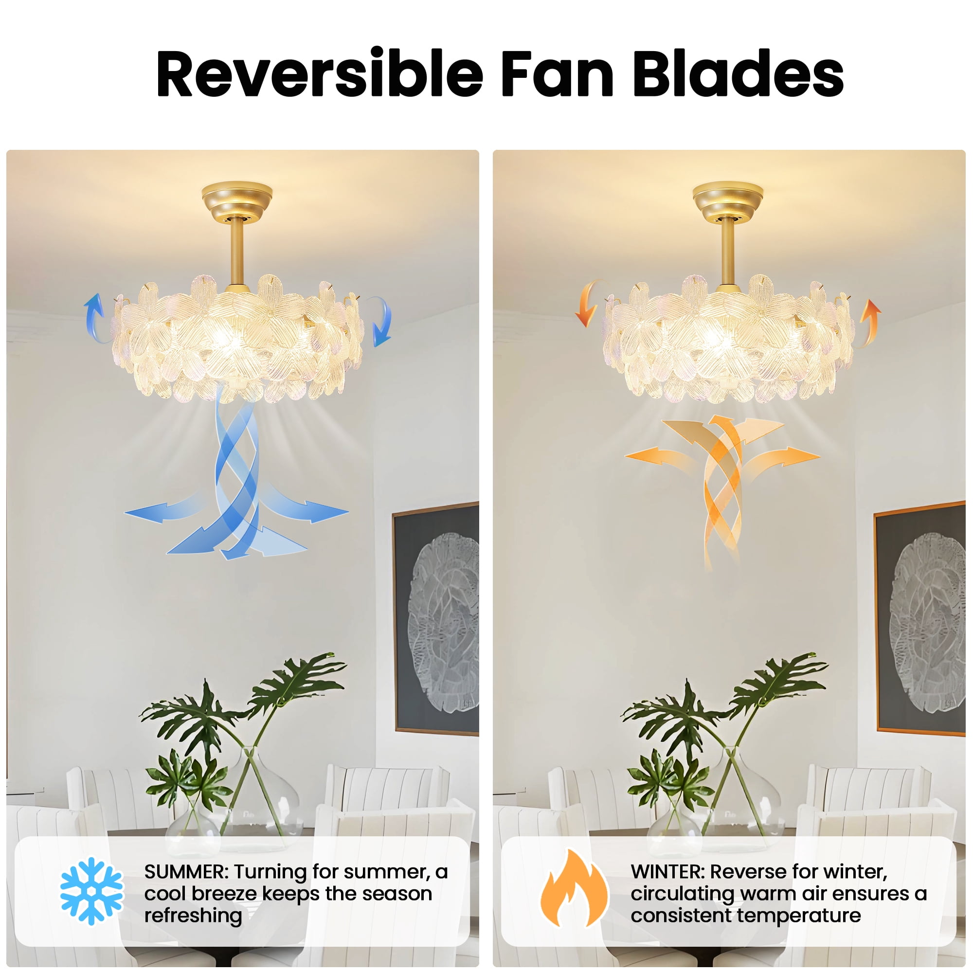 KAISITE 20" Modern Chandelier Ceiling Fan with Remote Control, Floral Glass Kids Ceiling Fan with Lights for Bedroom  Nursery  Living Room, Gold