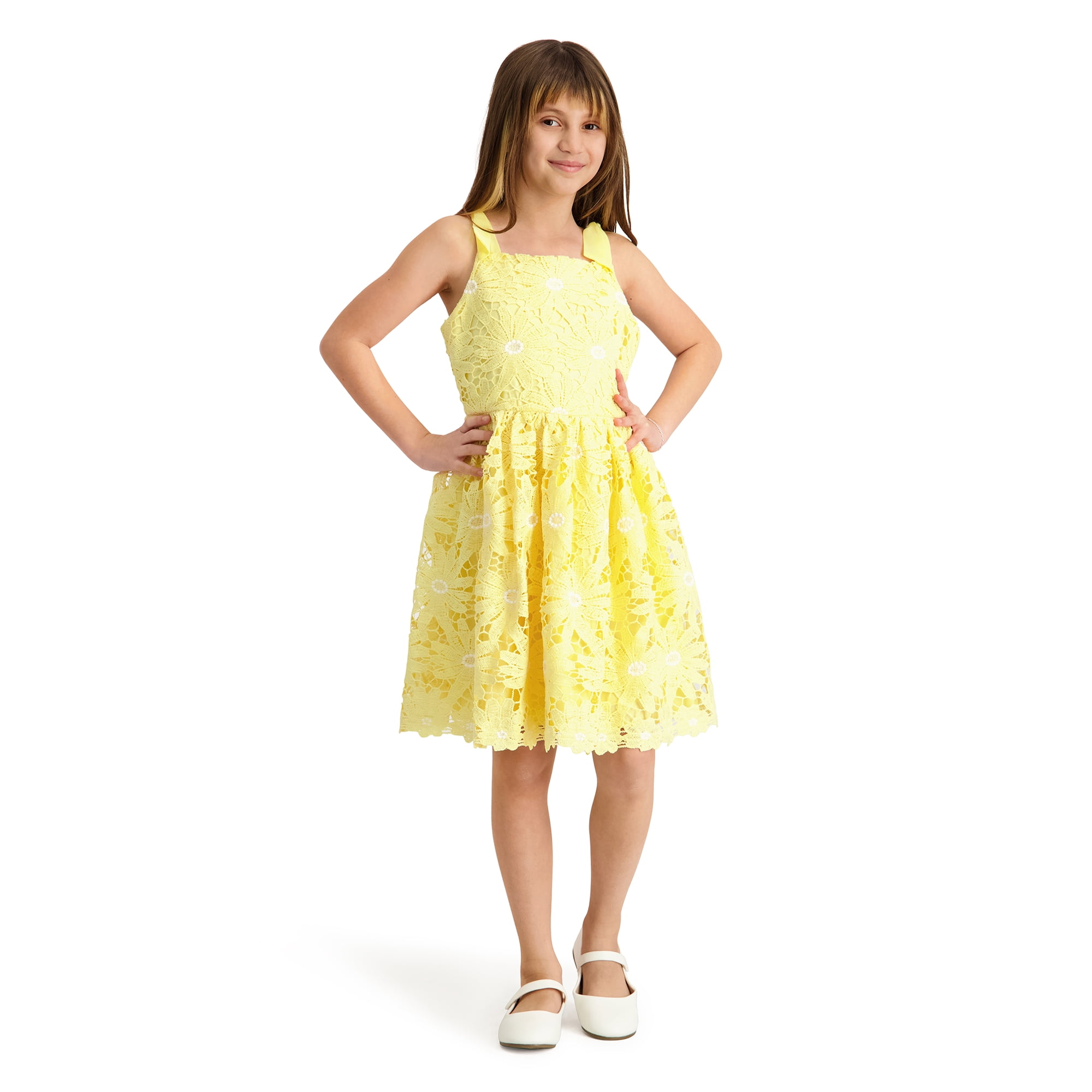 Kensie Girl Bow Strap Embroidered Heavy Lace Dress, Sizes 4-16