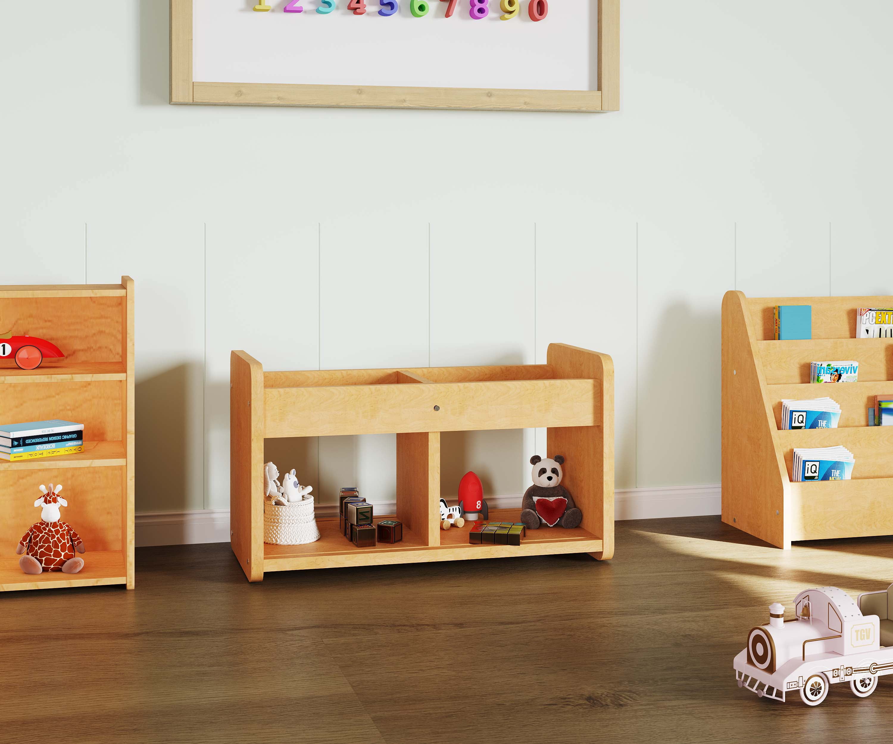 Tot Mate Children's Wood Book or Toy Organizer with 2 Clear Storage Bins, 24"W x 12"D x 14"H RTA