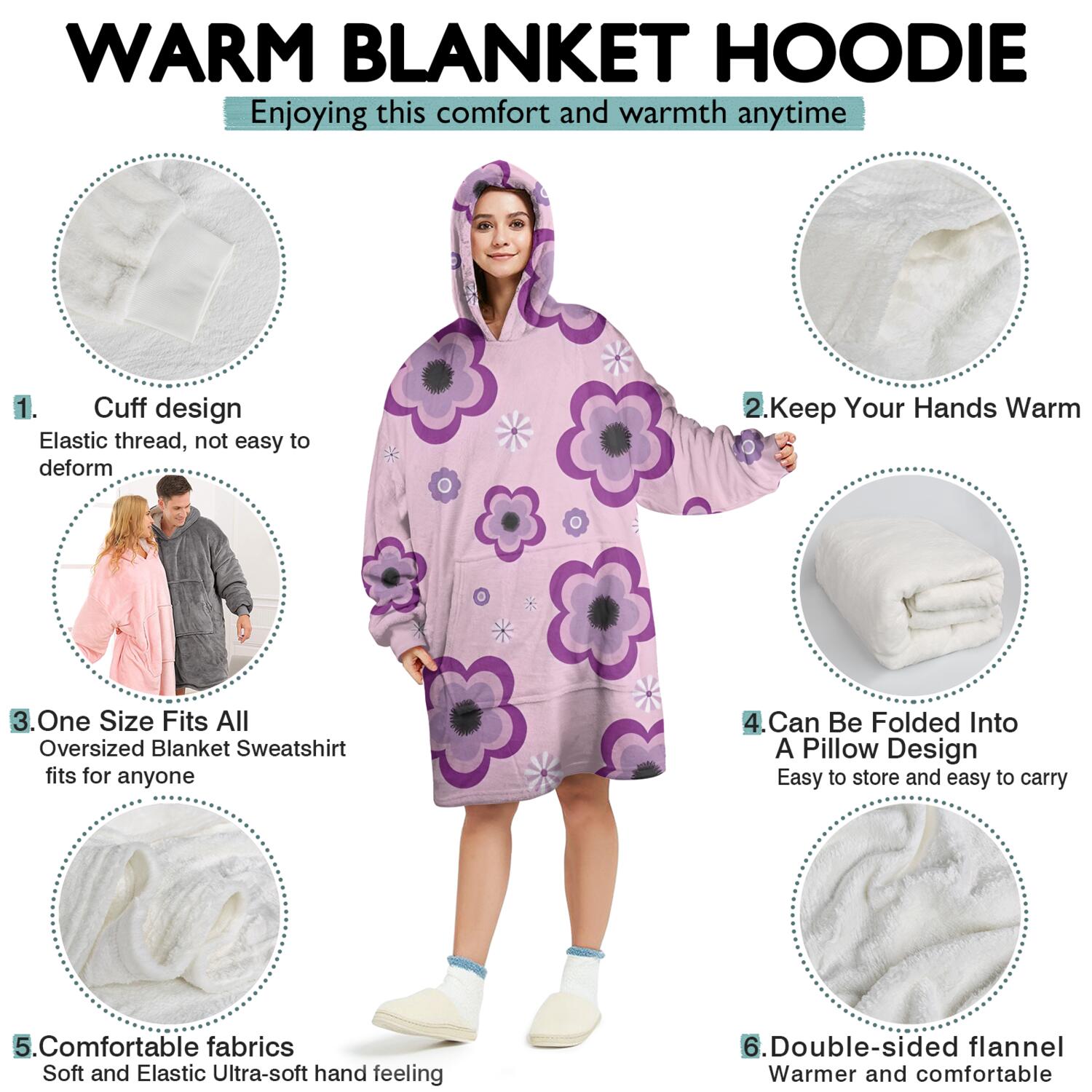 Wearable Oversized Blanket,Pioneer Flower Floral Print Pattern Wearable Blanket Hoodie for Adults,Cozy Hooded Blankets with Super Pockets,Super Warm Fuzzy Pullover for Women & Men