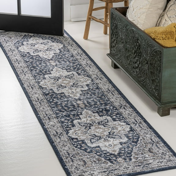 JONATHAN Y WASHABLE 2 x 8 Runner Rug, Didim Boho Medallion - Navy/Light Gray, WSH102B-28