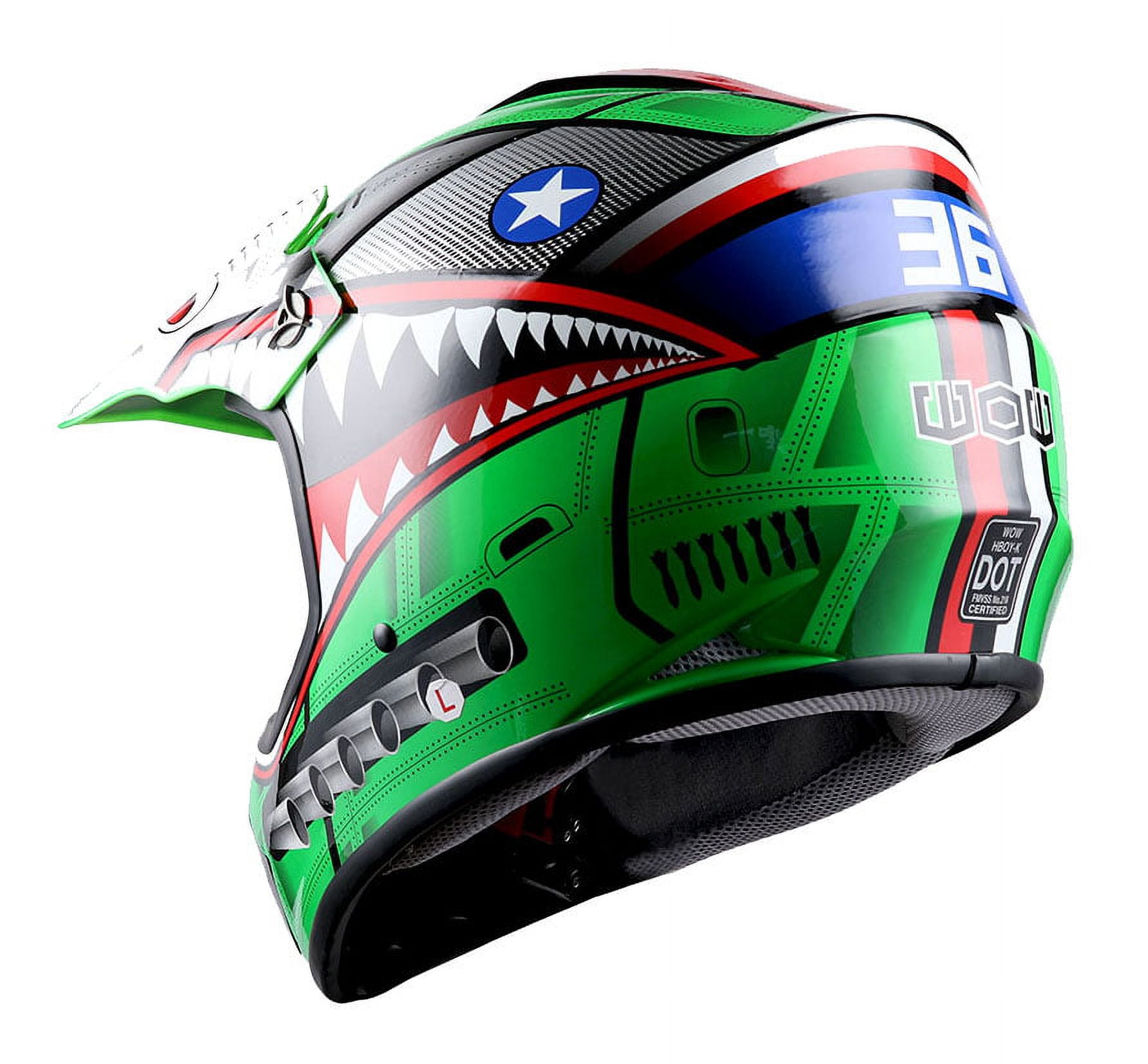 1Storm Youth Motocross Helmet Kids Motorcycle Bike Helmet HBOY Shark Green + Goggles + MG Youth Green Glove Bundle