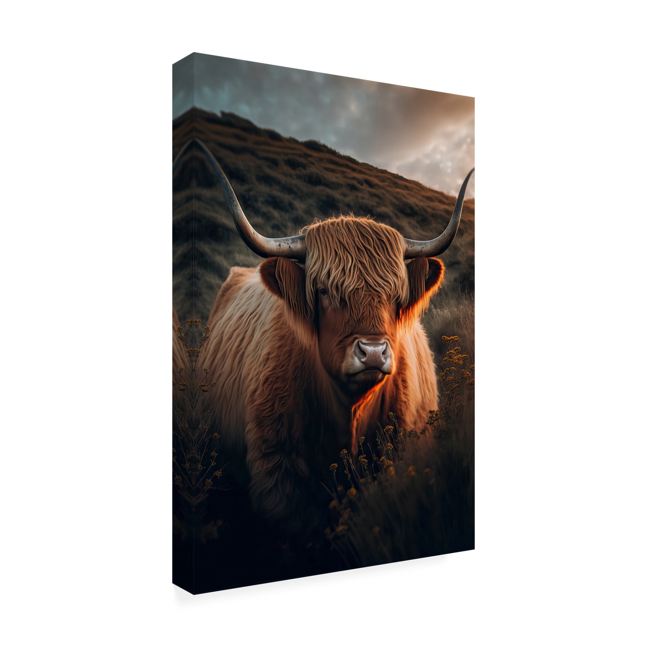 Canvas Wall Art - Treechild 'Highland Cow With Big Horns' Wall Art for Living Room, Bedroom, or Office D?cor by Trademark Fine Art - 12 x 19 Inches