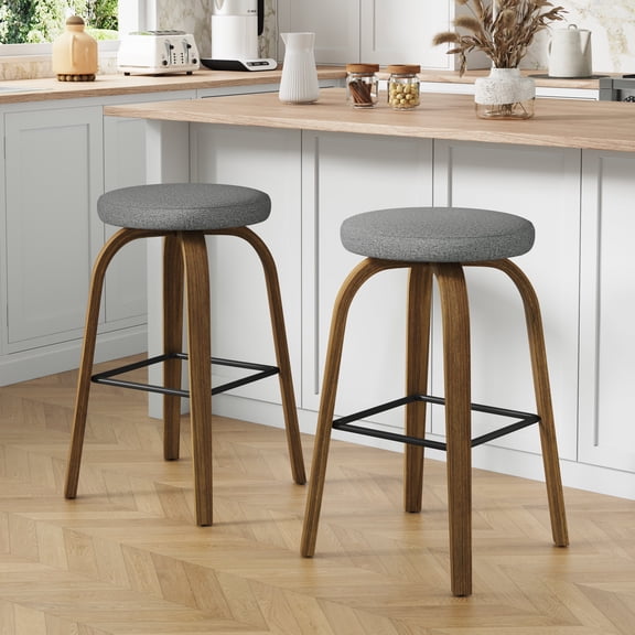 FFZ Swivel Bar Stool Set of 2 with Fabric Seat and Wood Legs, 16.53 x 16.53 x 29.72 inch, Gray