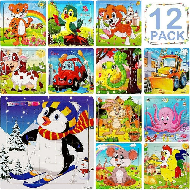12-Pack Wooden Jigsaw Puzzles for Kids Age 3-6 Year Old Animals Preschool Puzzles for Toddler Children Learning Educational Puzzle Toys for Boys and G