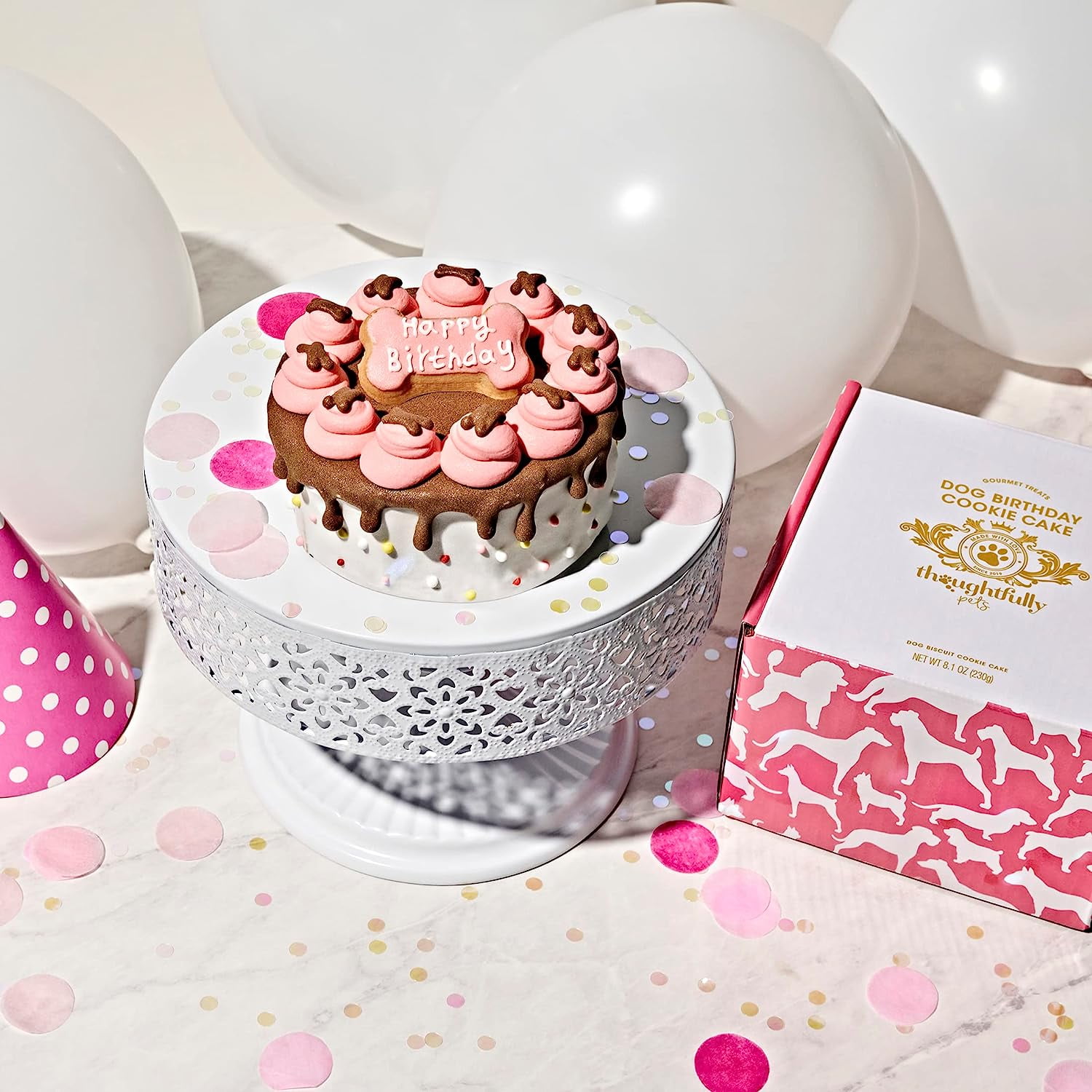 Thoughtfully Dog Birthday Cake, Peanut Butter Flavored Mini Cookie Cake Treat, Hand Decorated Pink Hollow Biscuit Cake