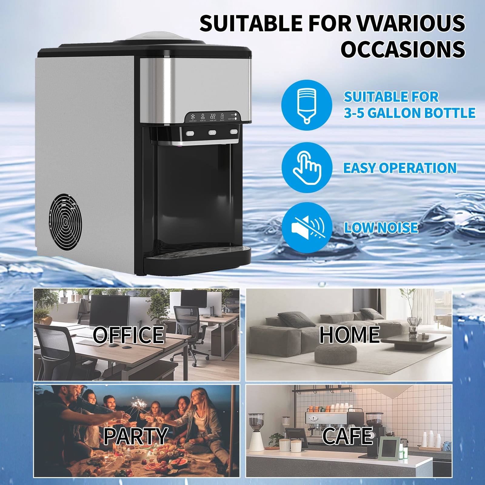 DISHUP 3 IN 1 Water Dispenser with Ice Maker, Cold & Hot Water, 3 or 5 Gallon, for Home/Kitchen/Office