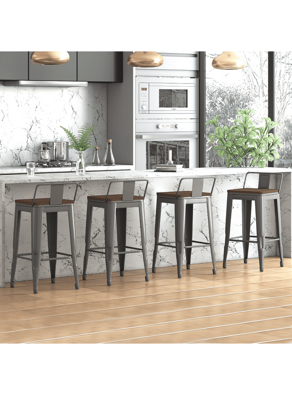ZAFLY 26" Metal Bar Stools Set of 4, Industrial Counter Height Bar Chairs with Removable Backrest and Wood Seat (26" Wooden Top Low Back, Gun Grey)