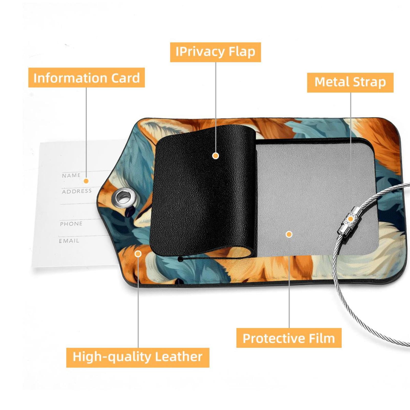 Fox Luggage Tag, Travel Tags, Handbag Tag - Square PU Leather 2 Pack with Privacy Cover and Stainless Steel Ring - Suitable for Travel, Backpack, Fox Luggage Tag, Travel Tags, Handbag Tag - Square PU Leather 2 Pack with Privacy Cover and Stainless Steel Ring - Suitable for Travel, Backpack,