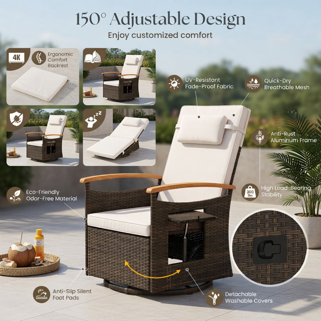 Hommoo 360° Swivel Outdoor Recliner Chair with Adjustable Backrest & Footrest, PE Rattan Patio Seating for Backyard, Porch, Poolside, White
