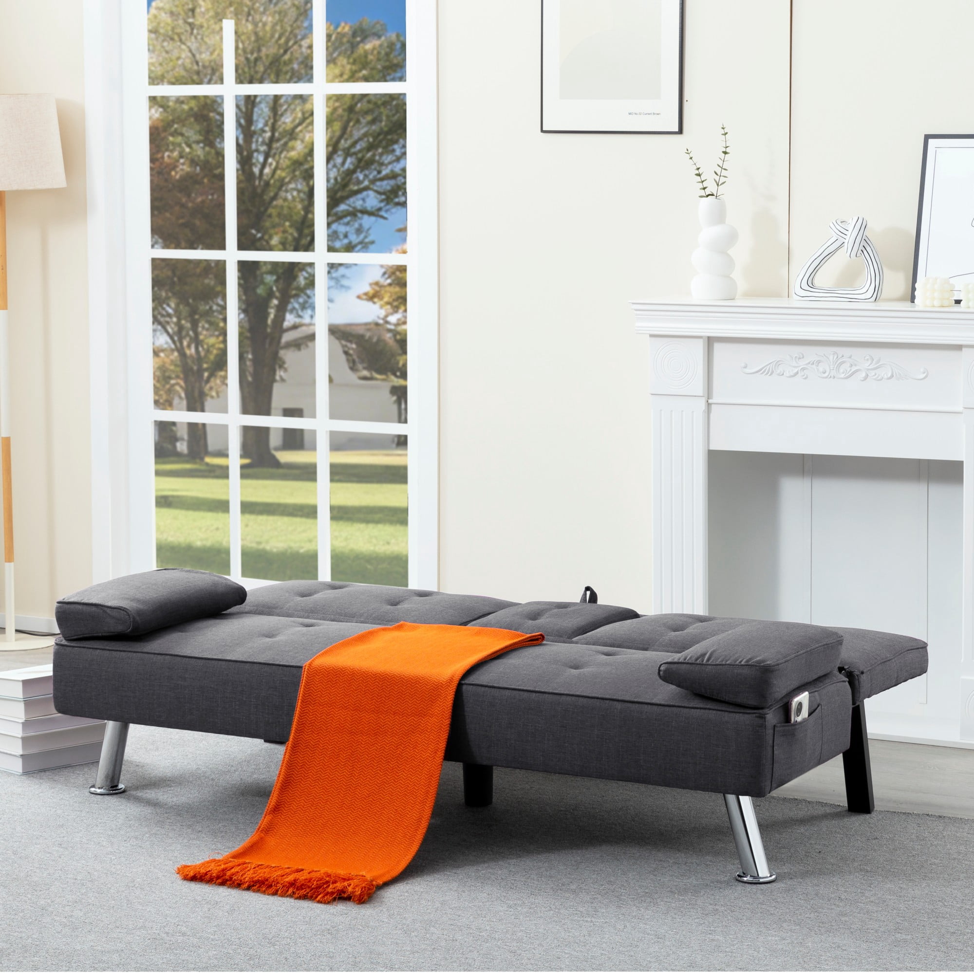BSHTI 69.49" Fabric Convertible Futon Sofa Bed with Drop-Down Console, 2 Cup Holders, 5-Position Backrest, Side Pocket for Living Room（Dark Grey）