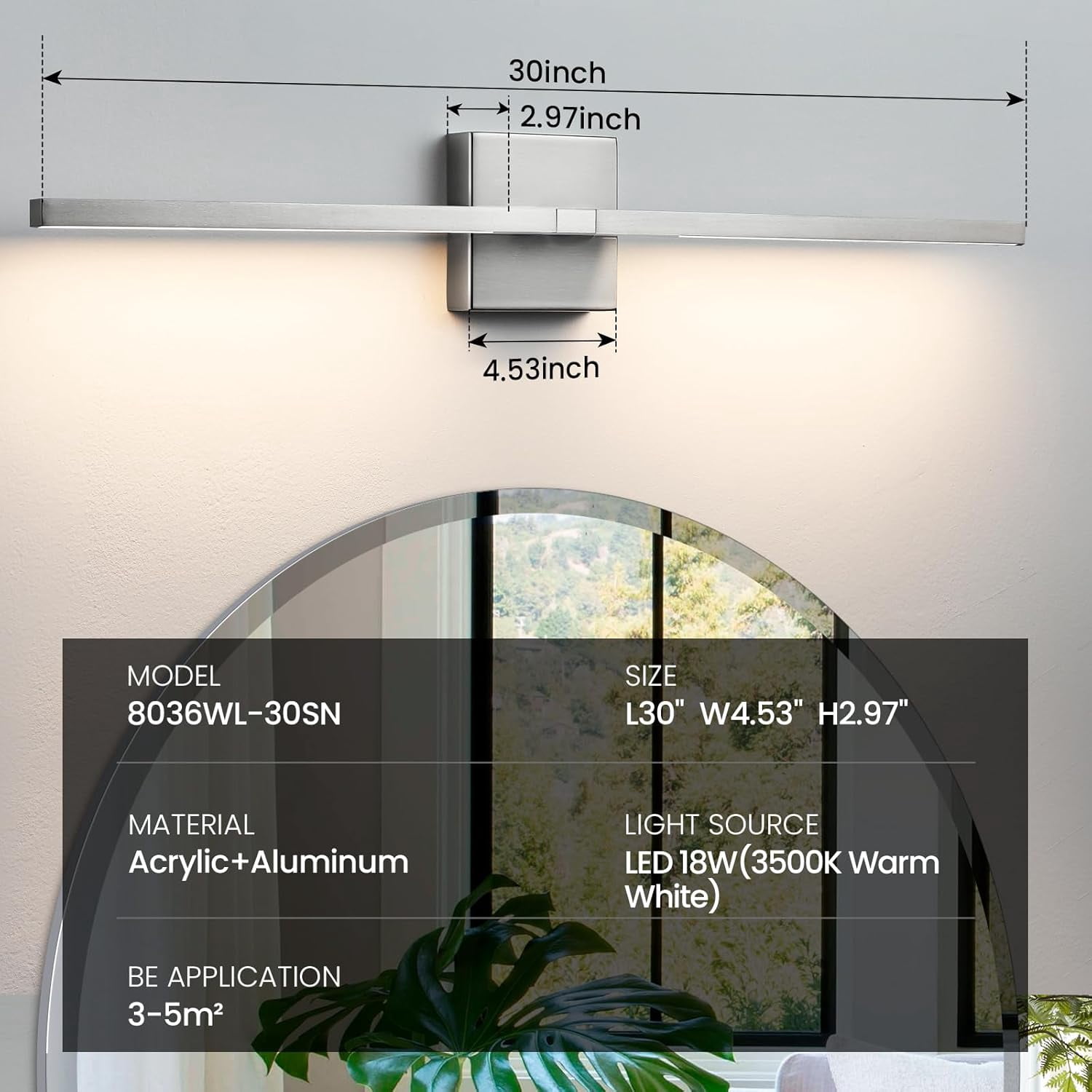Bathroom Vanity Light Fixtures - 30 Inch Brushed Nickel Bathroom Lights Over Mirror 18W LED Vanity Light Bar 3500K Modern Wall Sconce Lighting for Mural | Bathroom Lights Over Mirror, Dimmable