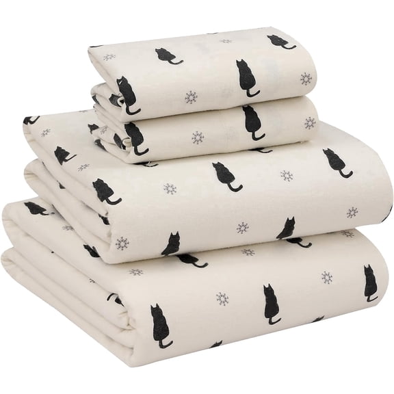 RUVANTI Flannel Sheets King Size - 100% Cotton Brushed King Size Sheets Set - Deep Pockets 16 Inches Bed Sheets - All Seasons Breathable & Extra Soft - Warm & Cozy, 4 Piece, Black Cat