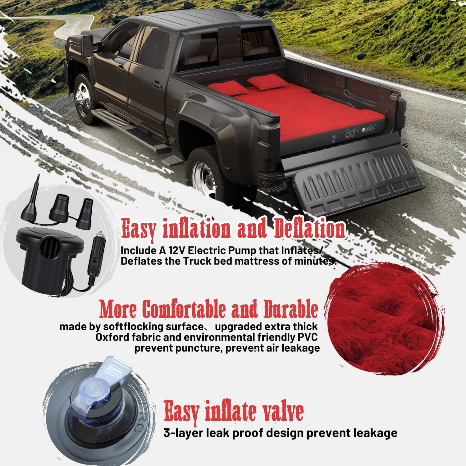 Truck Bed Air Mattress for 5.5'-5.8' Full Size Short Truck Bed Inflatable Camping Mattress with Pump & Carry Bag, Red