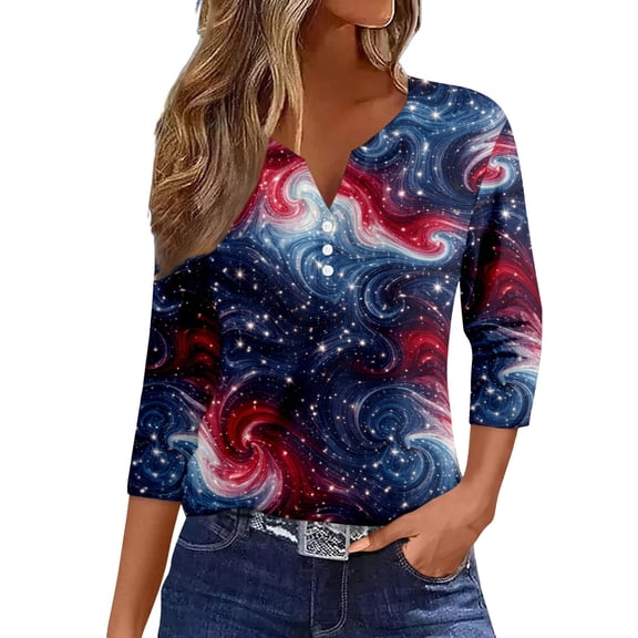 CONZONE 4Th Of July Womens T-Shirts 3/4 Sleeve Independence Day T Shirts for Women Casual V Neck Patriotic America Flag Graphic Lightweight Tees Soft Cozy Tops