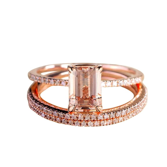 2 carat Real Morganite and Moissanite 3 Rings Set , 1 Engagement Ring and 2 Wedding Bands Sterling Silver with 18k Gold Plating