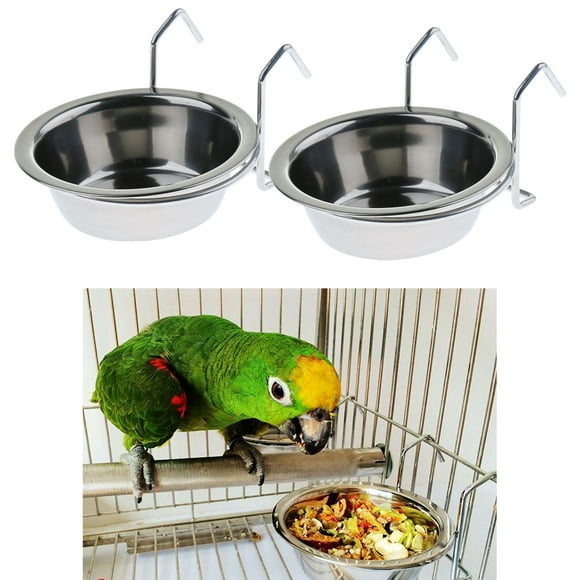 BELOVING 2 Pcs Bird Parrot Feeding Cups with Clamp, Stainless Steel Food Water Bowls Dish