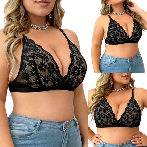 qolati Lace Bralette Bra for Women Lightweight Wireless Deep V Neck Bralettes Plus Size Non Padded Everyday Bras,Black,XXXL