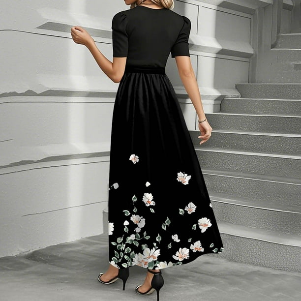 JULMCOMO Women's Casual Dresses Short Sleeve Teacher Dress Boho Maxi  Dresses Floral Print Empire Waist Work T-Shirt Dress Elegant Funeral Outfit  Black XL - Walmart Business Supplies