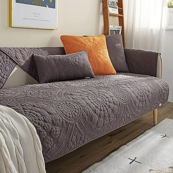 Namzi Boho Sofa Cover 70*70cm Dark Grey Circle Embroidery Couch Cover, Cotton Quilted Slipcover, Non Slip Sectional Cover, 1 Piece Sofa Slipcovers