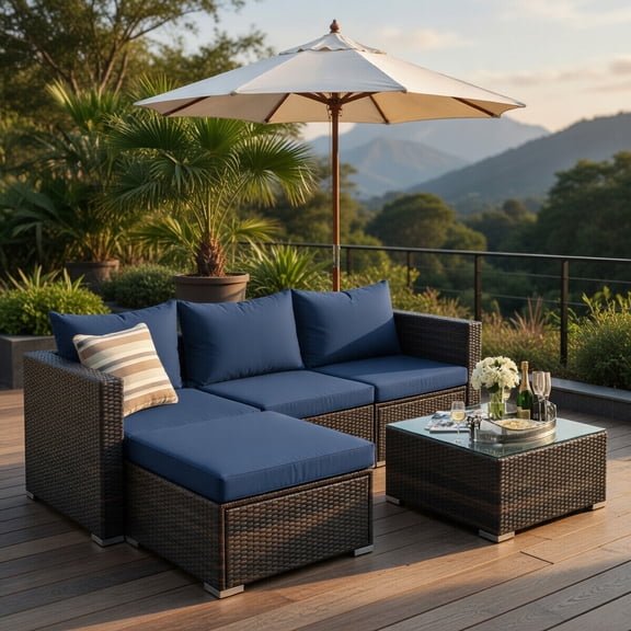 Resenkos 5-Piece Outdoor Rattan Sectional Sofa Set with Navy Cushions, Steel Frame & Tempered Glass Coffee Table for Patio, Poolside, or Garden