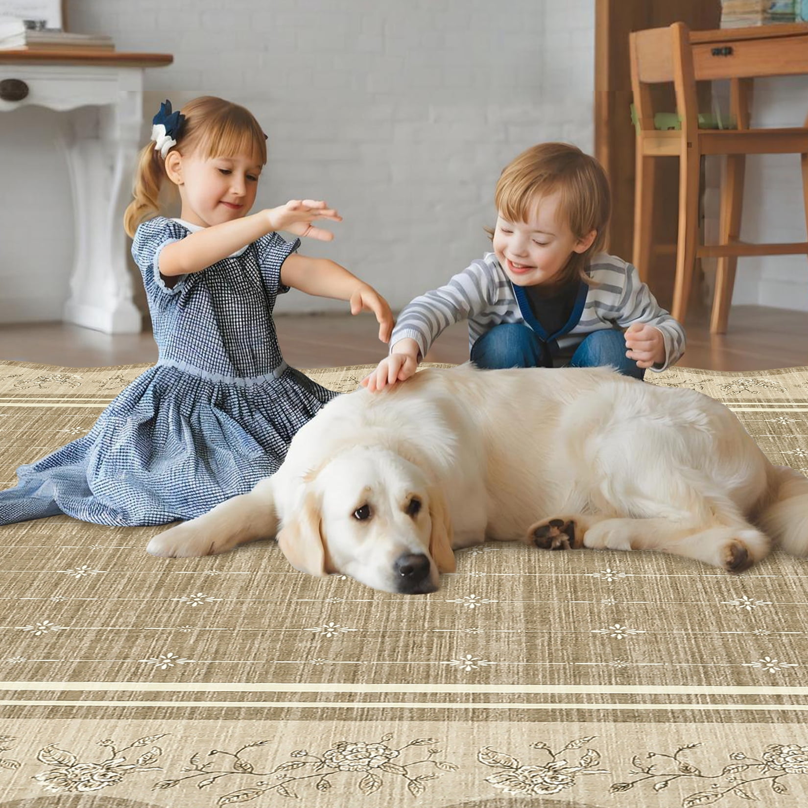 Garvee 5'x7' Scalloped Area Rug Modern Floral Bordered Carpet, Machine Washable Rug with Non Slip Backing Soft Foldable Mat for Living Room Bedroom Dining Room, Brown