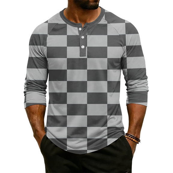 Domuza 3/4 Sleeve Lightweight Henley, Men's Raglan Plaid Print Casual Shirt for Summer Gray 3XL